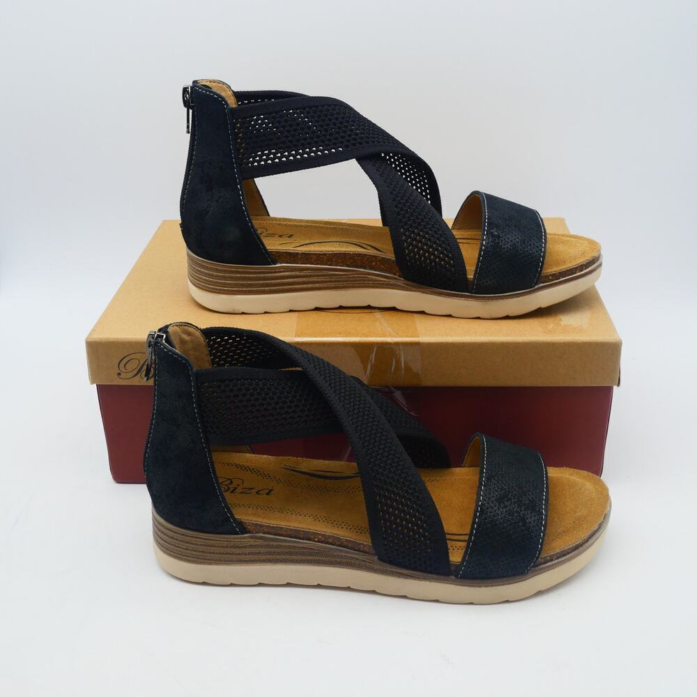 NEW Biza Bree Women's 7-7.5 Black Leather Sandals Size 38 Suede Footbed Open Box - Picture 4 of 10